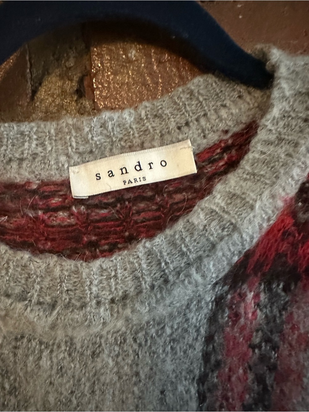 Sandro Gray Crewneck Sweater with Red Contrast